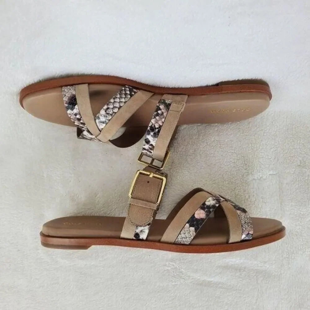 Cole Haan Python-Print Fairen Leather Strappy Buckle Slide Flat Sandals Size 8M